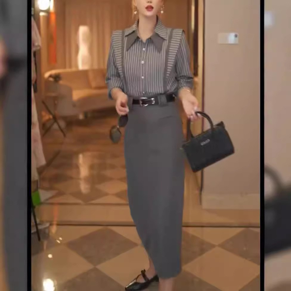 日本coss koko秋季新款法式条纹设计感衬衫高腰半身裙女装