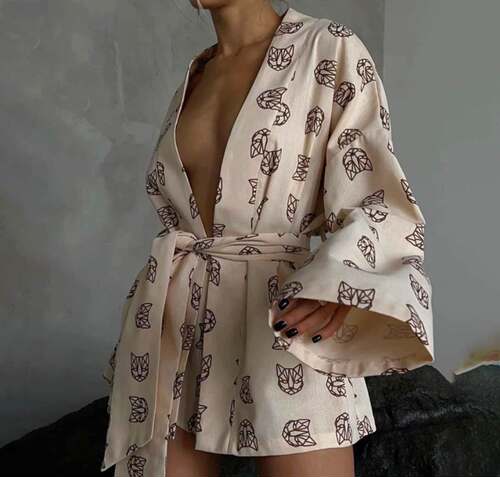 Lace Up Shirt Shorts Print Suit 系带长袖上衣高腰短裤居家套装