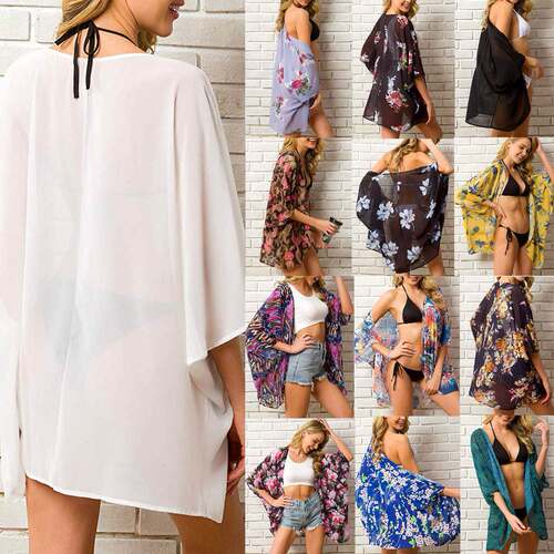 2019 Summer Women Chiffon Floral Kimono Beach Cardigan Sheer