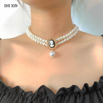 Layered Short Pearl Choker Necklace for Women White Beads Ne