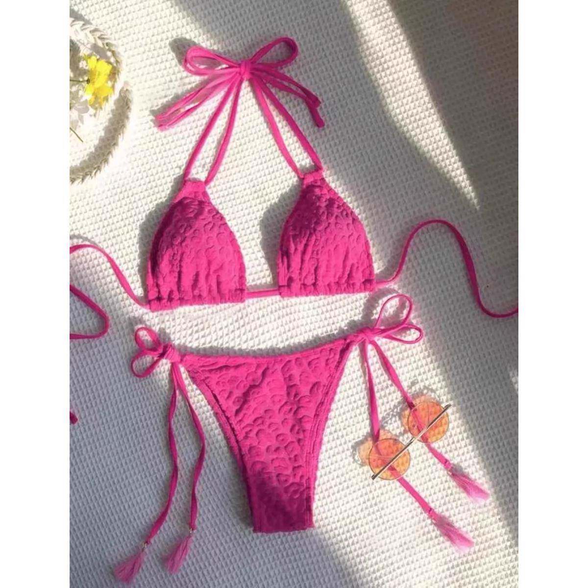 系带挂脖浮雕比基尼玫粉色大胸小胸分体泳衣抽绳可调节泳装bikini