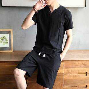 夏天男士套装棉麻料睡衣麻质上衣服复古居家服亚麻布短袖t恤短裤