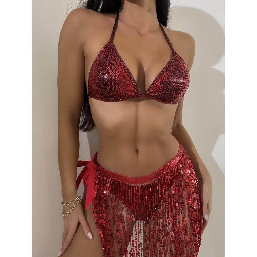 欧美外贸比基尼分体泳衣流苏亮片泳衣三件套泳装酒吧演出服bikini