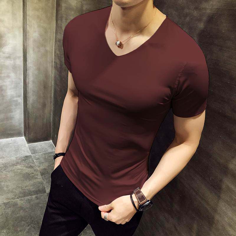 男士莫代尔无痕短袖T恤鸡心V领运动紧身弹力无边半袖打底衫夏薄款