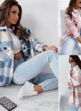 Women 2022 Fashion INS Style Loose Plaid Long Sleeve Jacket