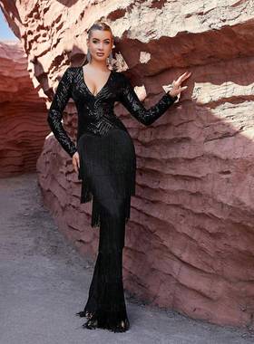 Sexy V- Neck Black Sequins Mermaid Hem Formal Gown Dress