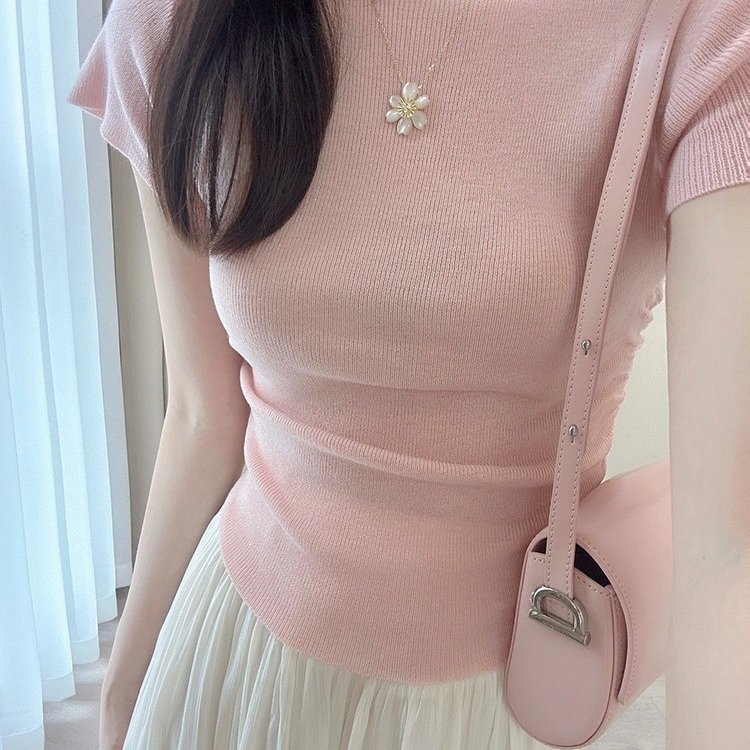 正肩粉色冰丝短袖t恤女夏