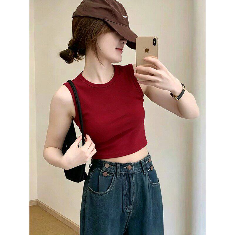 美式复古辣妹圆领背心女夏外穿遮副乳酒红色无袖内搭短款吊带上衣