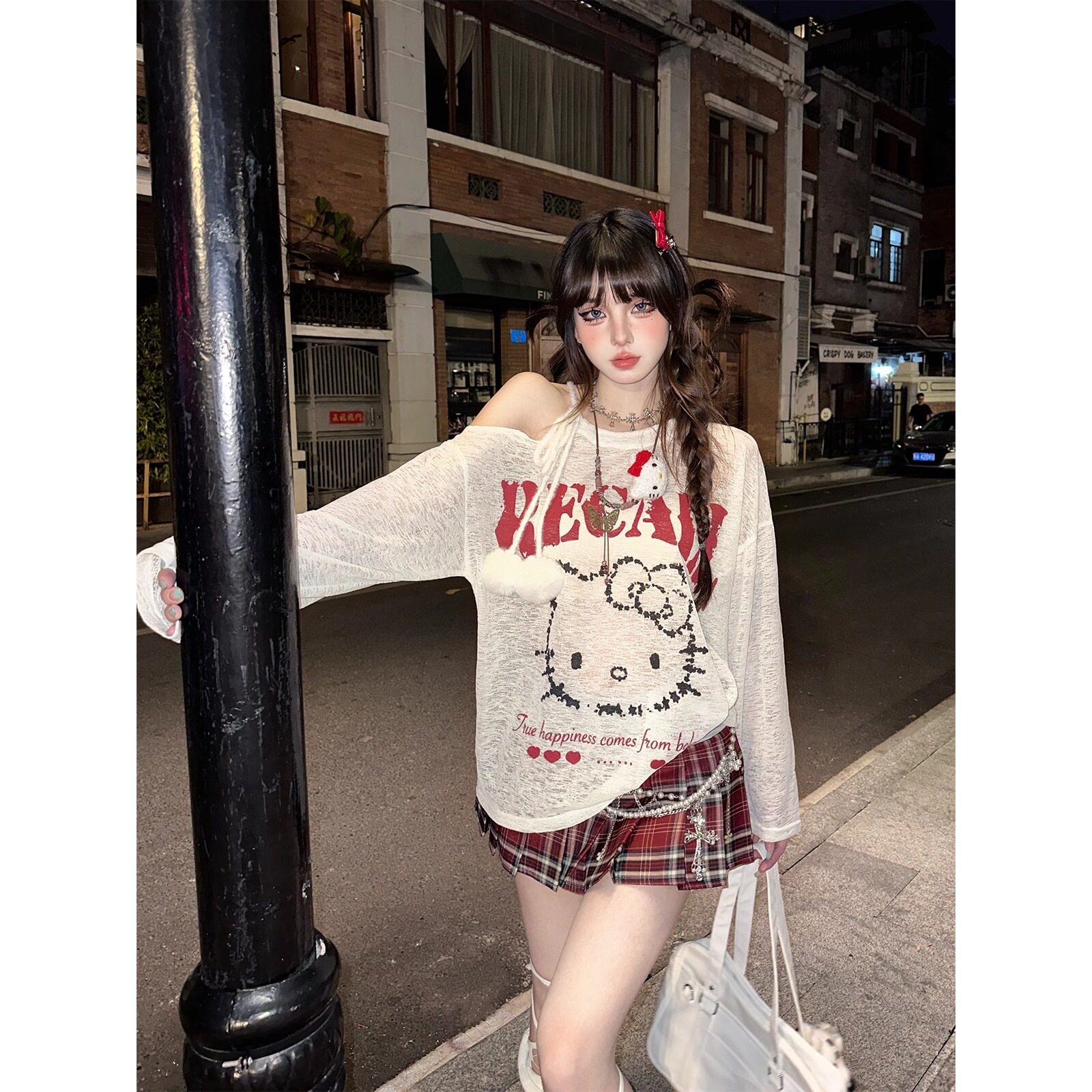 夏季微透露肩针织T恤女棉