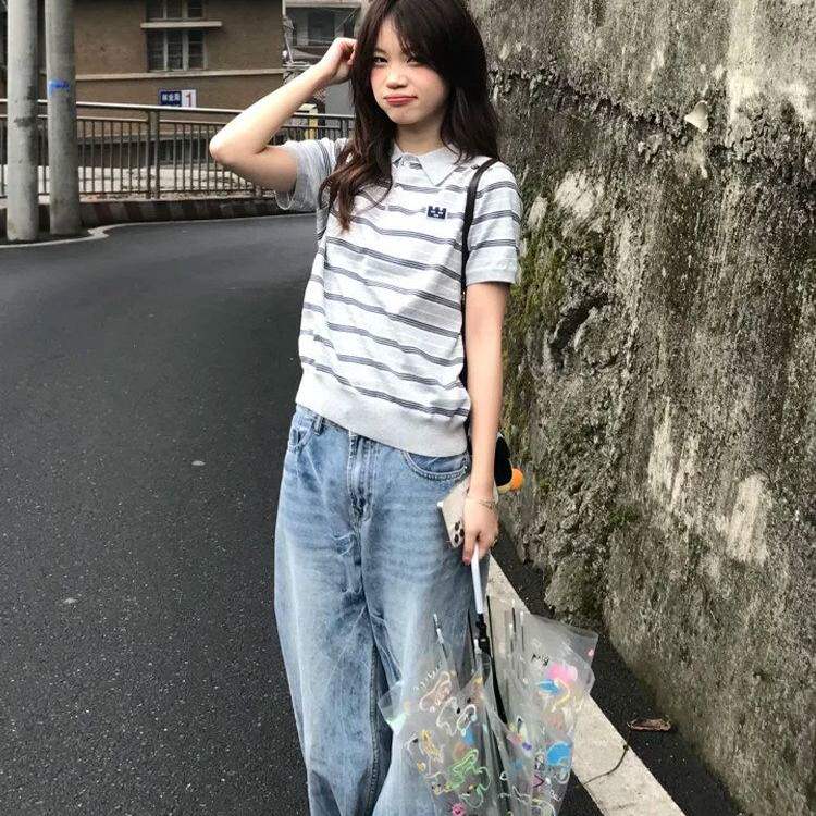 韩系chic灰白条纹短袖t恤
