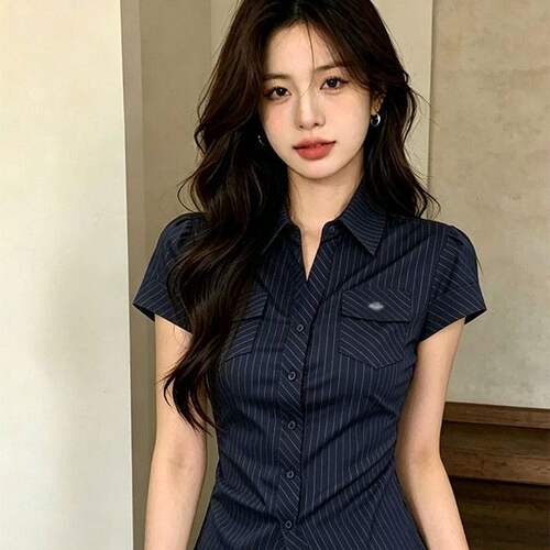 美式复古条纹短袖衬衫女