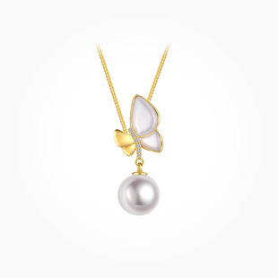 BEAUFINA秘密花园系列18K金极光淡水珍珠项链白贝母钻石蝴蝶吊坠