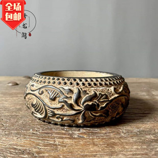 山西新款青石手工雕刻缠枝莲鱼盆 蒲草案头摆件家居装饰复古陈设