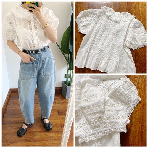 少量原标买手do*n爆款复古钩花泡泡袖彼得潘蕾丝短袖衬衫outlets