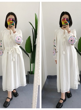 买手店louise 法式刺绣流苏系带纯棉长裙浪漫花卉连衣裙