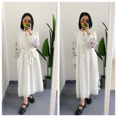 买手店louise 法式刺绣流苏系带纯棉长裙浪漫花卉连衣裙