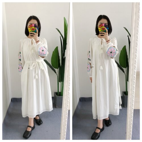 买手店louise 法式刺绣流苏系带纯棉长裙浪漫花卉连衣裙