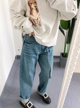 折 仅27 梨形身材 买手店R~13做旧水洗蓝直筒宽松牛仔裤显瘦女