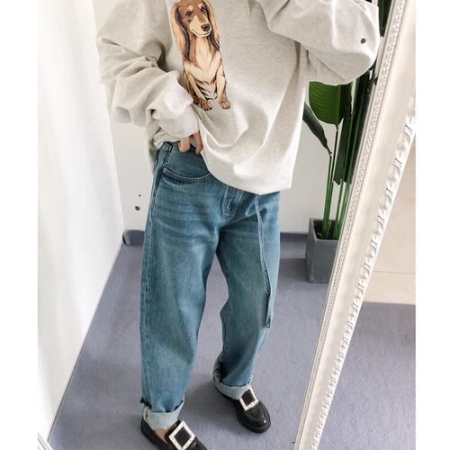 折 仅27 梨形身材 买手店R~13做旧水洗蓝直筒宽松牛仔裤显瘦女