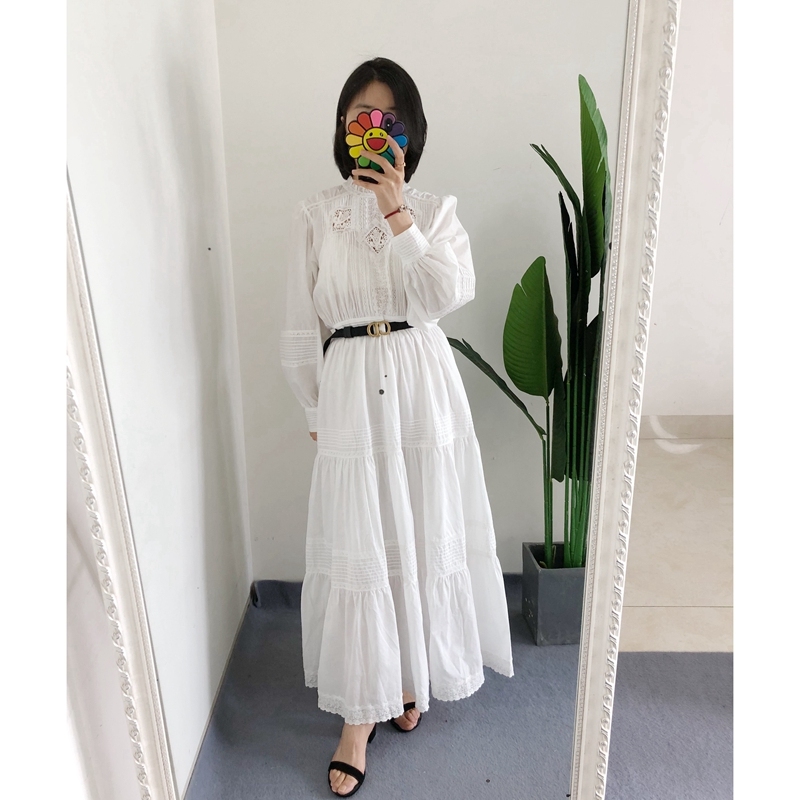 折扣 买手店doen 法式典雅 复古蕾丝拼接压褶白色连衣裙仙女长裙