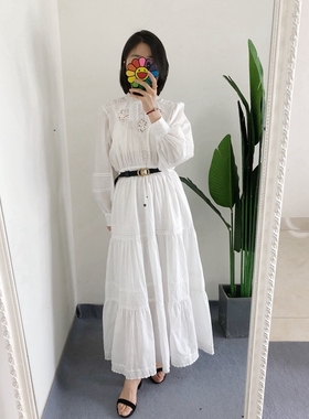 折 M1 买手店doen 法式典雅 复古蕾丝拼接压褶白色连衣裙仙女长裙