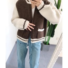 买手店SHOPM 韩国手工100羊毛厚款软糯复古撞色针织外套棒球服
