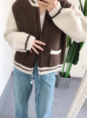 买手店SHOPM 韩国手工100羊毛厚款软糯复古撞色针织外套棒球服