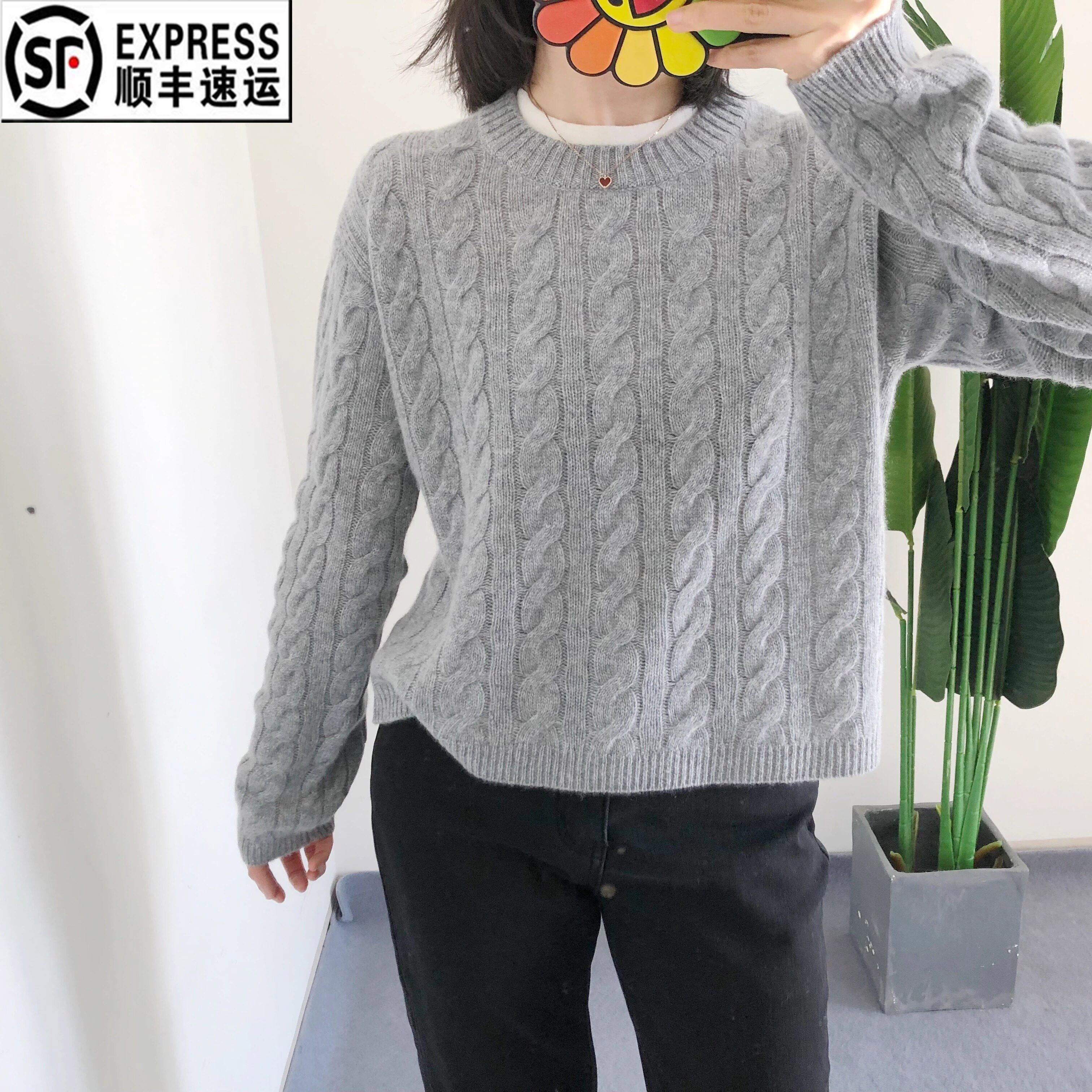 折 L1 买手店Edos 100羊绒绞花针织套头衫 女士灰色假两件上衣
