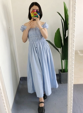 S3L2 折买手店doen 复古泡泡袖天蓝色条纹抽绳收腰连衣裙气质典雅