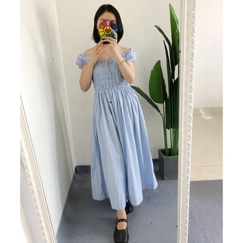 折Y标 买手店Do*n 复古泡泡袖天蓝色条纹抽绳收腰连衣裙气质典雅