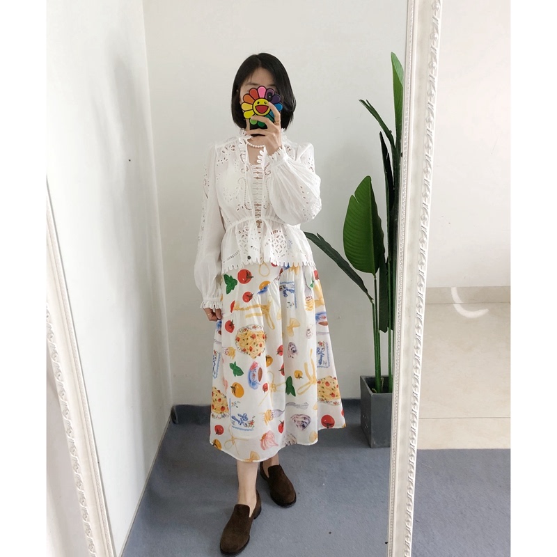 M2L1买手店 Lisa says Gah细腻纯棉有内衬趣味水果印花褶皱半身裙