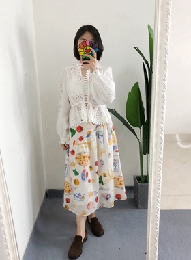 M2L1买手店 Lisa says Gah细腻纯棉有内衬趣味水果印花褶皱半身裙