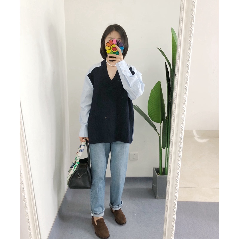 原标买手店CS 宽松V领天蓝色白条纹衬衫拼接羊毛针织套头衫
