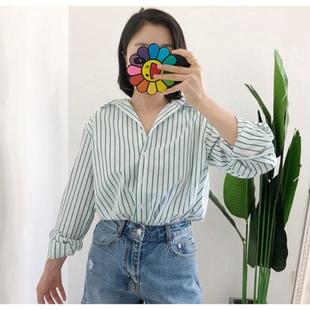 长袖 廓形府绸棉衬衫 休闲上衣 款 Fstyle买手店tote女士绿白条纹经典