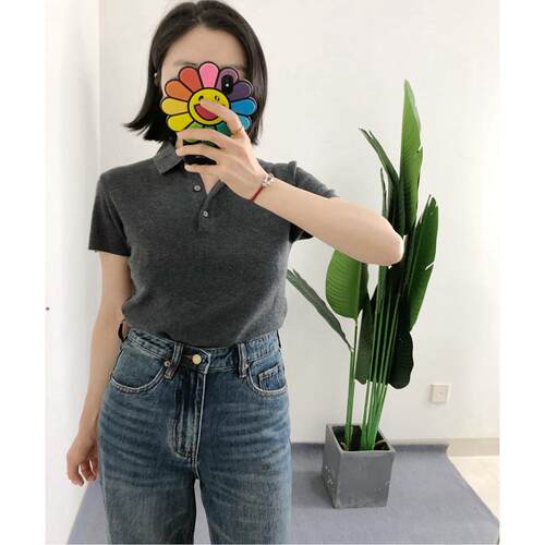 Fstyle买手店MD 深灰色羊毛针织Polo短袖女气质百搭职场通勤