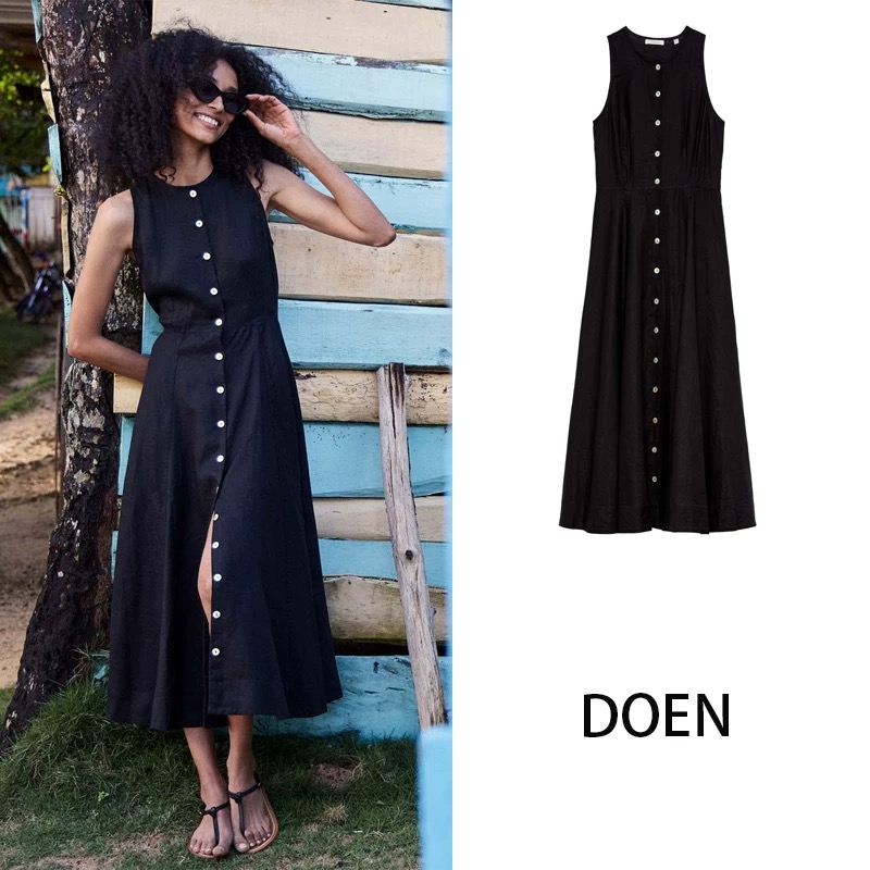 doen黑色无袖亚麻连衣裙A字裙