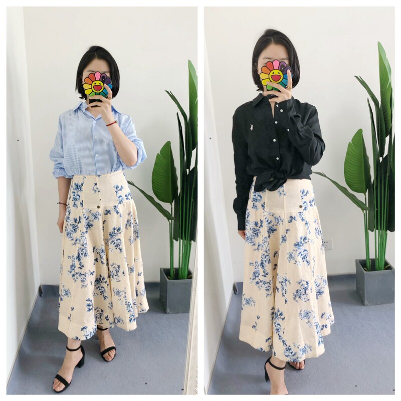 特价仅2码 原标 买手店re 花卉晕染青花瓷印花亚麻半身裙outlets