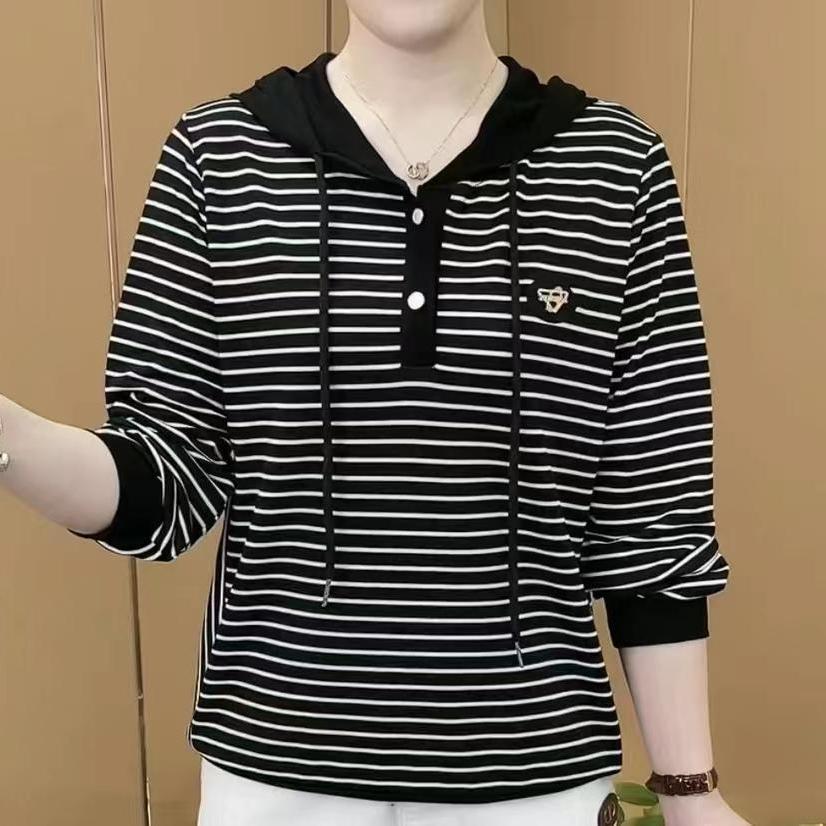 中老年减龄条纹长袖连帽卫衣妈妈