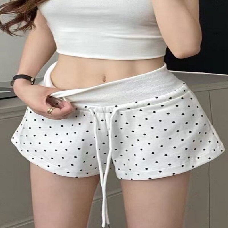 韩系白色波点抽绳高腰短裤女夏季