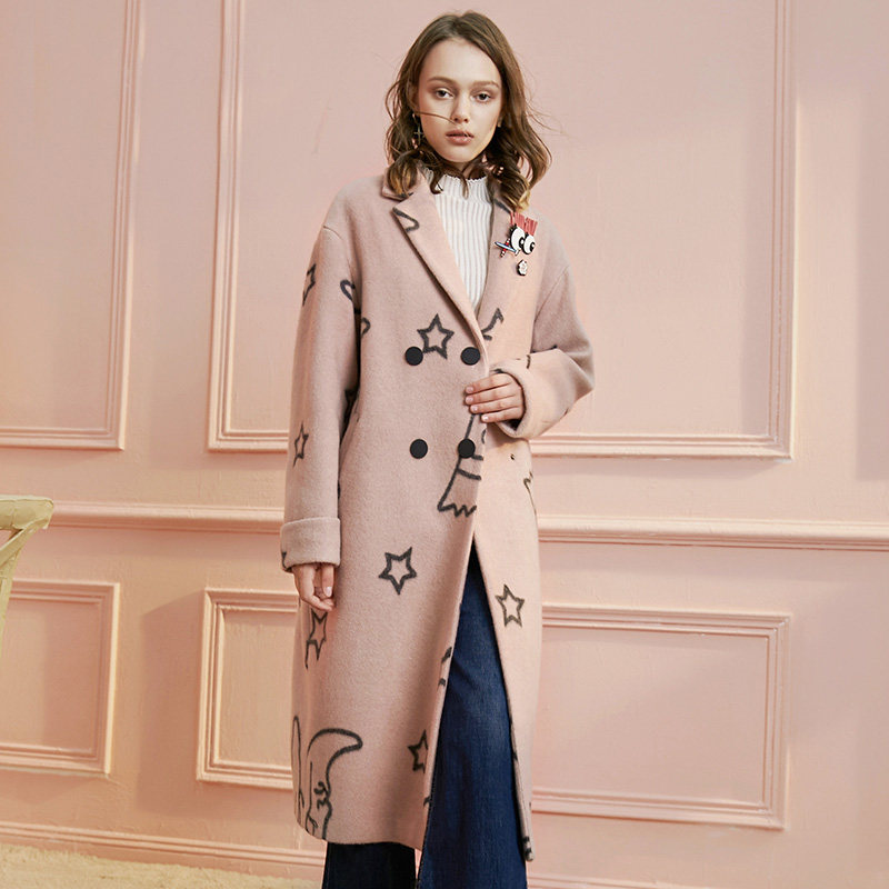 宽松直身毛呢外套女中长款秋冬新品复古时尚显瘦印花图案呢子大衣