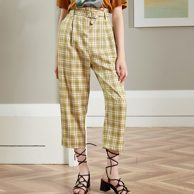 高腰显瘦格子裤女配腰带春夏新品抽褶苏格兰复古风宽松哈伦九分裤