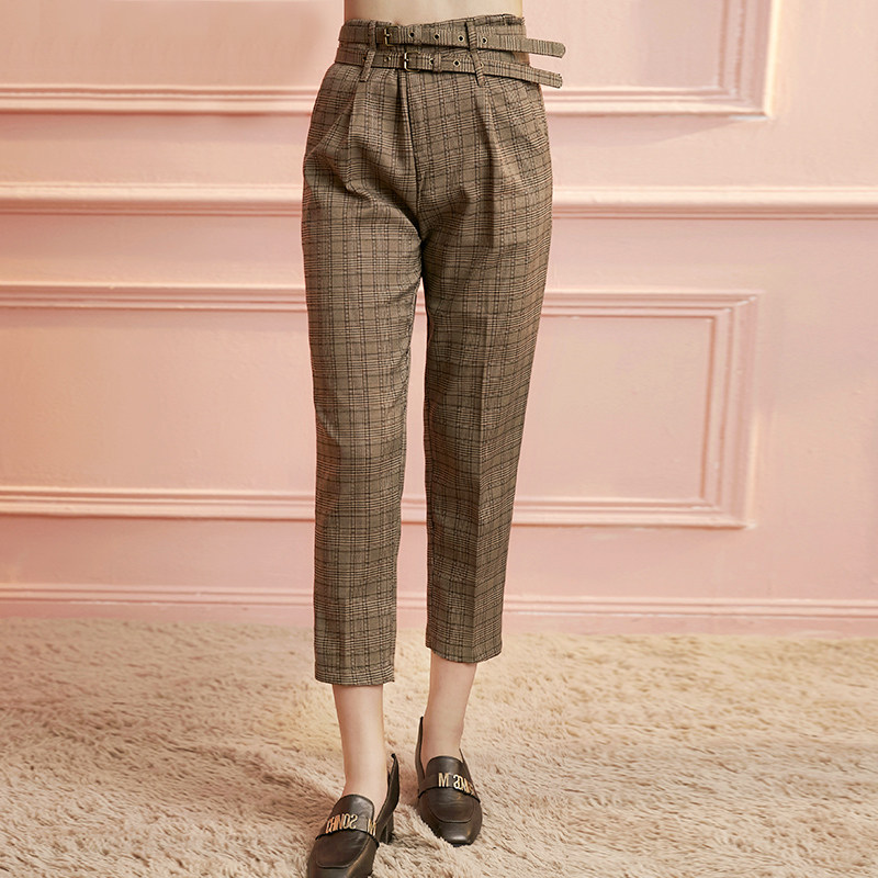 双腰带经典格子休闲裤女春夏新品复古风百搭显瘦时尚微锥型九分裤