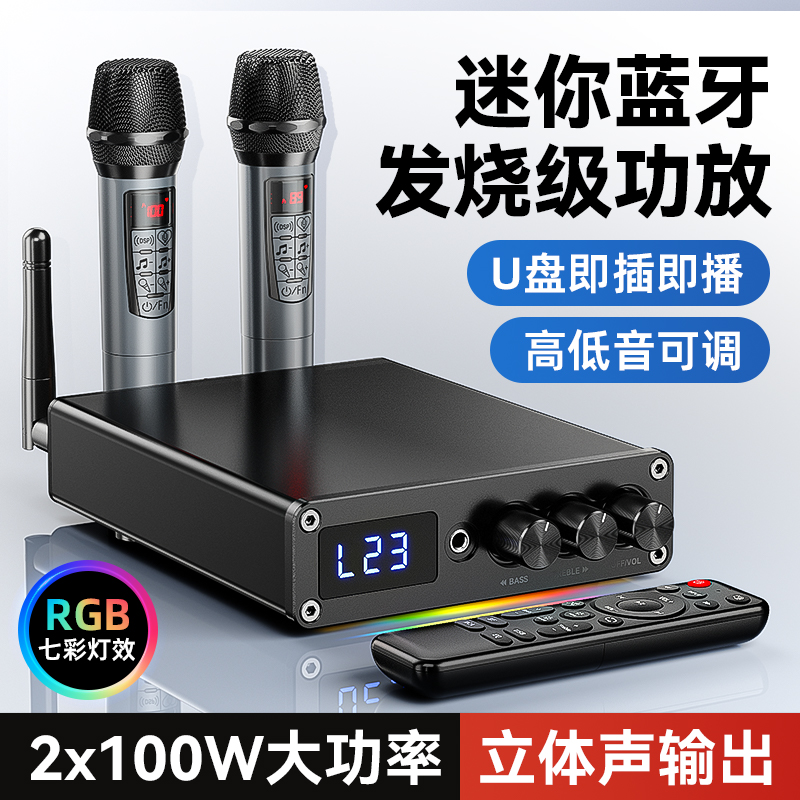 双声道无线5.3蓝牙功放机桌面功率放大器TPA3116发烧级U盘话筒k歌