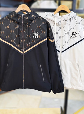 MLB冲锋衣男女同款NY钻石老花拼接情侣运动连帽夹克外套3AWJM0144