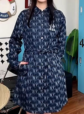 MLB连衣裙女士春夏款翻领NY老花满标运动宽松深蓝色长裙3FDDM0734