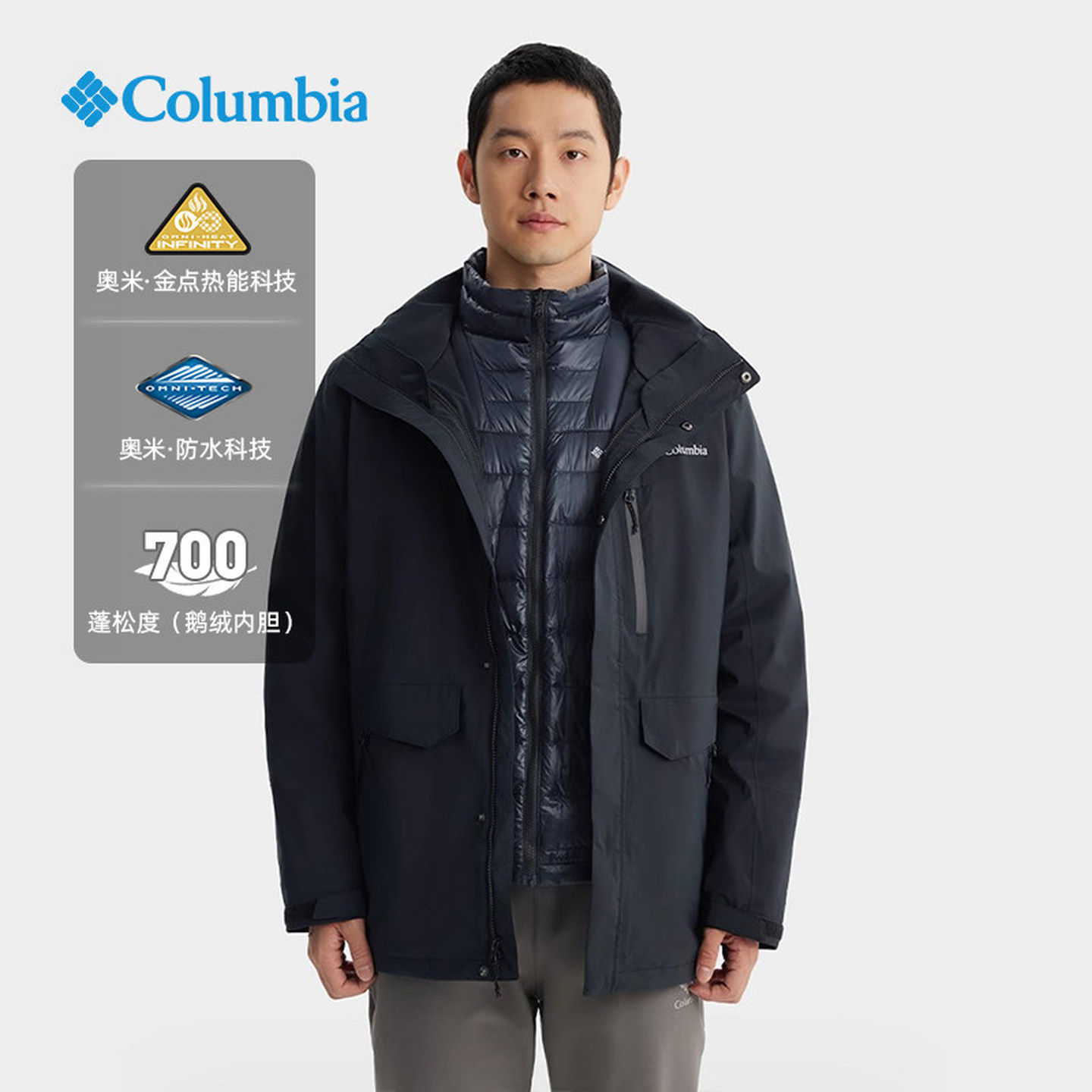 秋冬款Columbia哥伦比亚男士户外羽绒内胆三合一防水冲锋衣WE9643