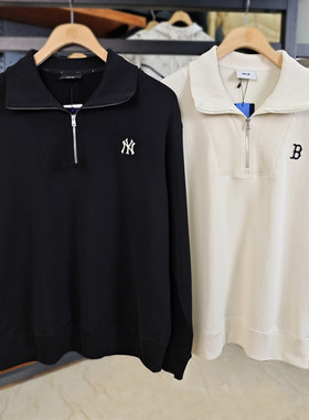 MLB情侣卫衣秋冬男女NY学院风翻领半拉链套头运动上衣3AMTB0944