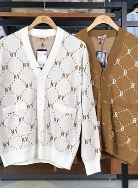 MLB情侣毛衣秋冬款NY钻石老花满标男女休闲针织开衫外套3AKCM0144