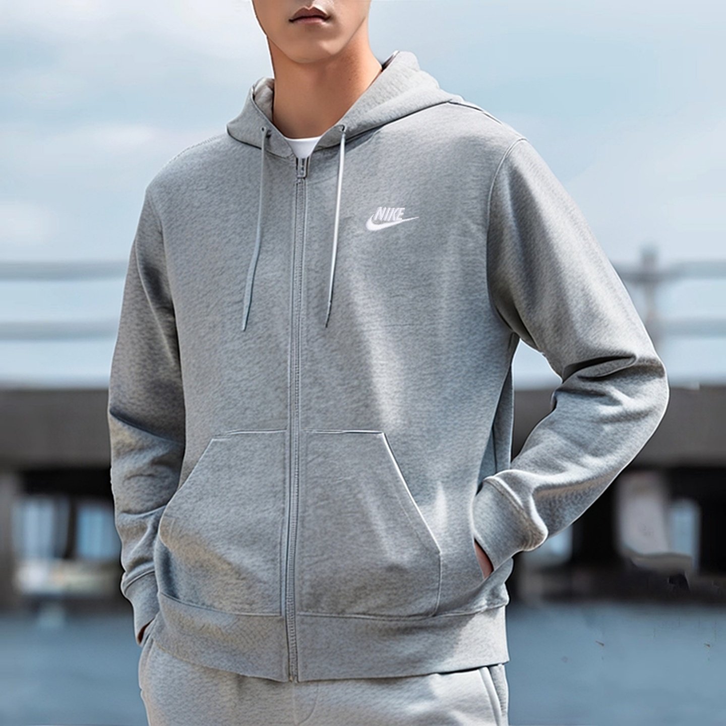 2025秋季新款耐克针织连帽夹克男灰色卫衣休闲运动宽松外套FN3885