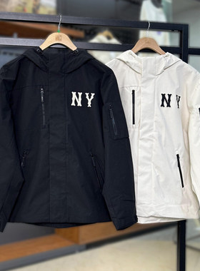 MLB冲锋衣男女同款秋冬NY刺绣情侣防风防水连帽夹克外套3AWJB0644